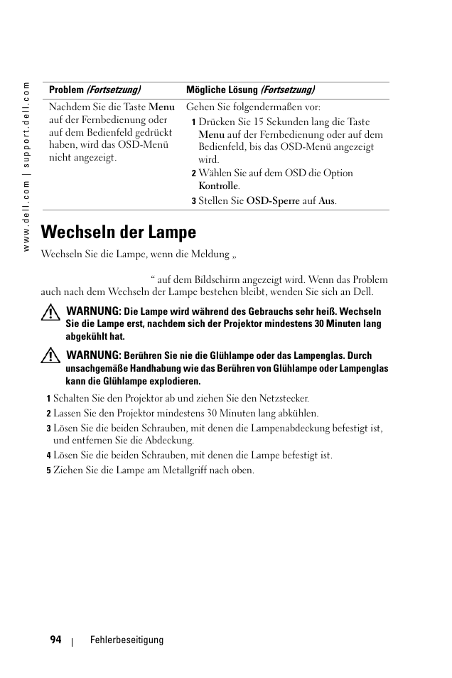 Wechseln der lampe | Dell 1100MP User Manual | Page 94 / 976