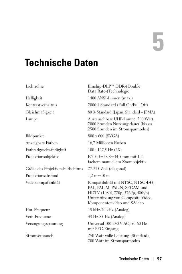 Technische daten, 5 technische daten | Dell 1100MP User Manual | Page 97 / 976