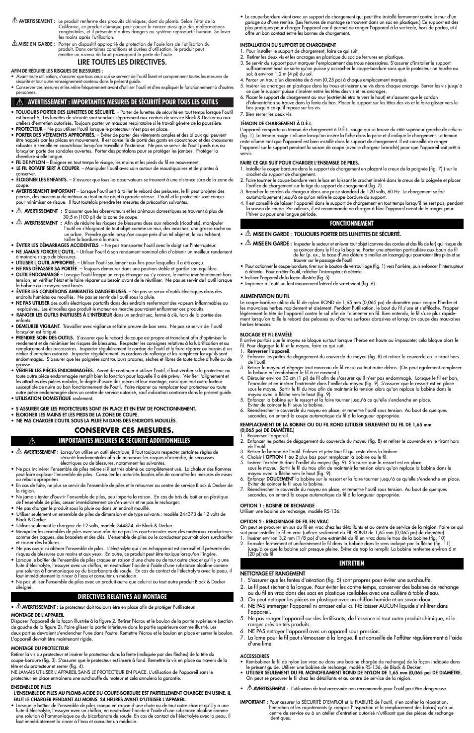 Lire toutes les directives, Conserver ces mesures, Importantes mesures de sécurité additionnelles | Directives relatives au montage, Fonctionnement, Entretien | Black & Decker CST800 User Manual | Page 3 / 5