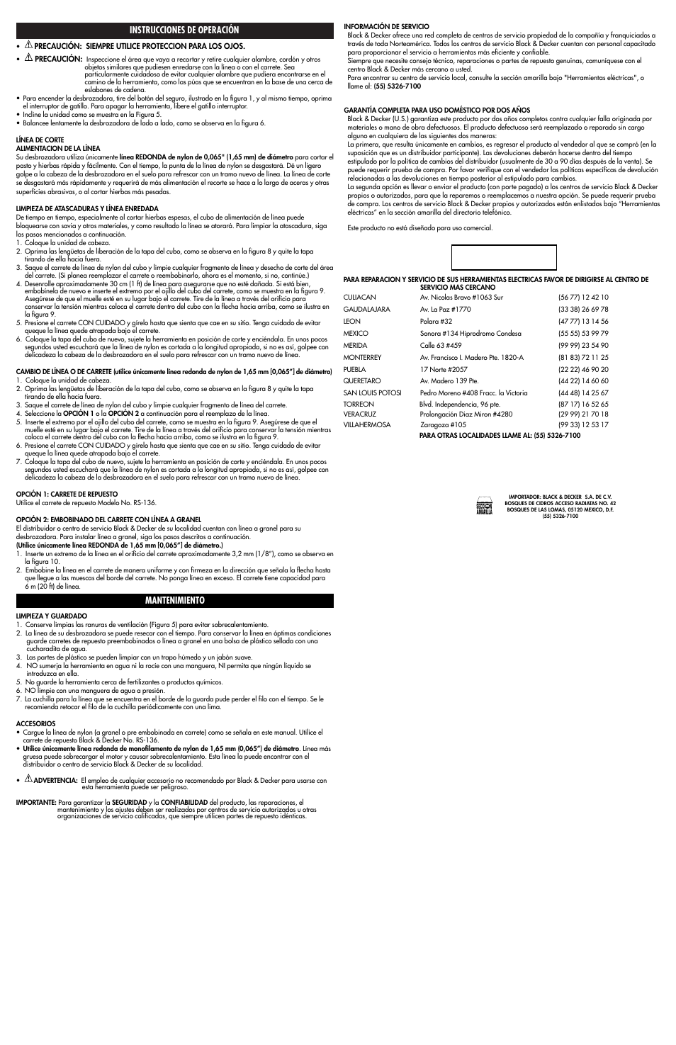 Instrucciones de operación, Mantenimiento | Black & Decker CST800 User Manual | Page 5 / 5