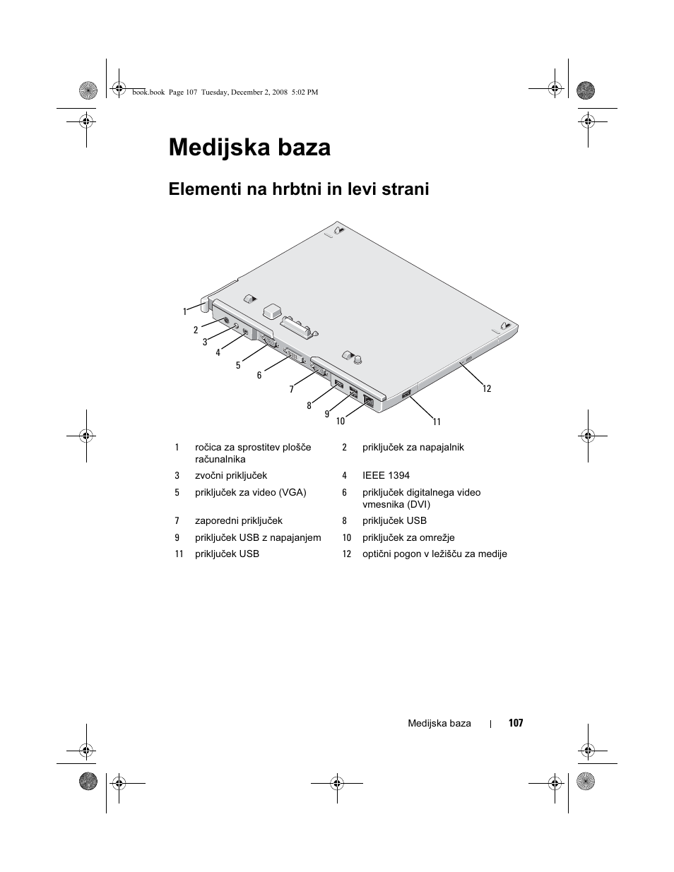 Medijska baza, Elementi na hrbtni in levi strani | Dell Latitude XT2 (Early 2009) User Manual | Page 109 / 138