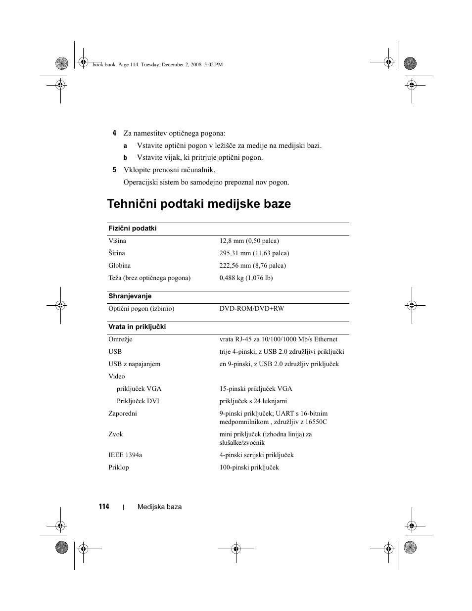 Tehnični podtaki medijske baze | Dell Latitude XT2 (Early 2009) User Manual | Page 116 / 138