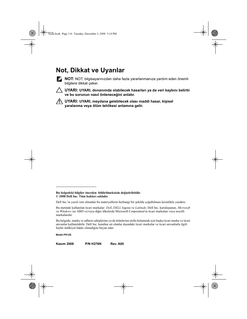 Not, dikkat ve uyarılar | Dell Latitude XT2 (Early 2009) User Manual | Page 118 / 138