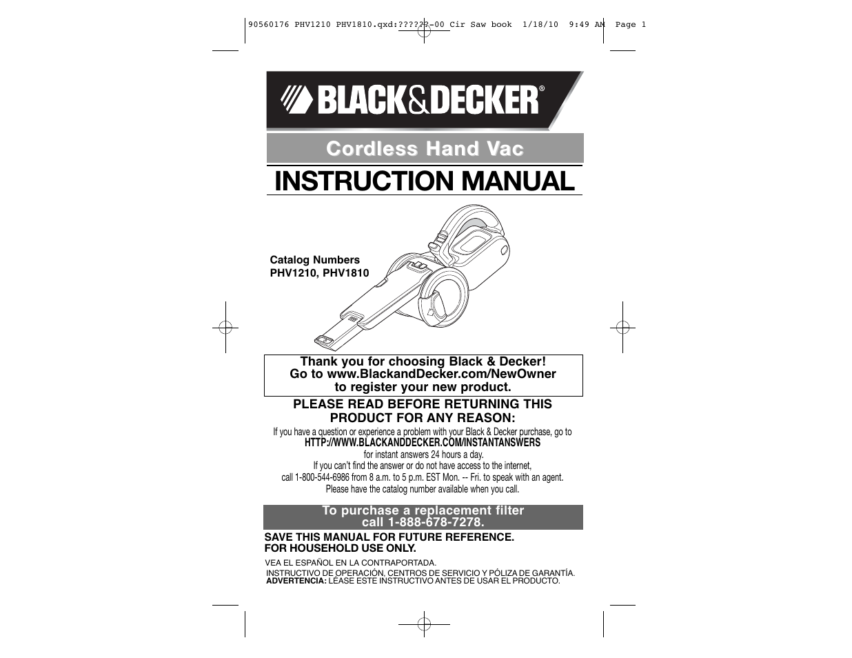 Black & Decker BLACK AND DECKER CORDLESS HAND VAC PHV1810 User Manual | 15 pages