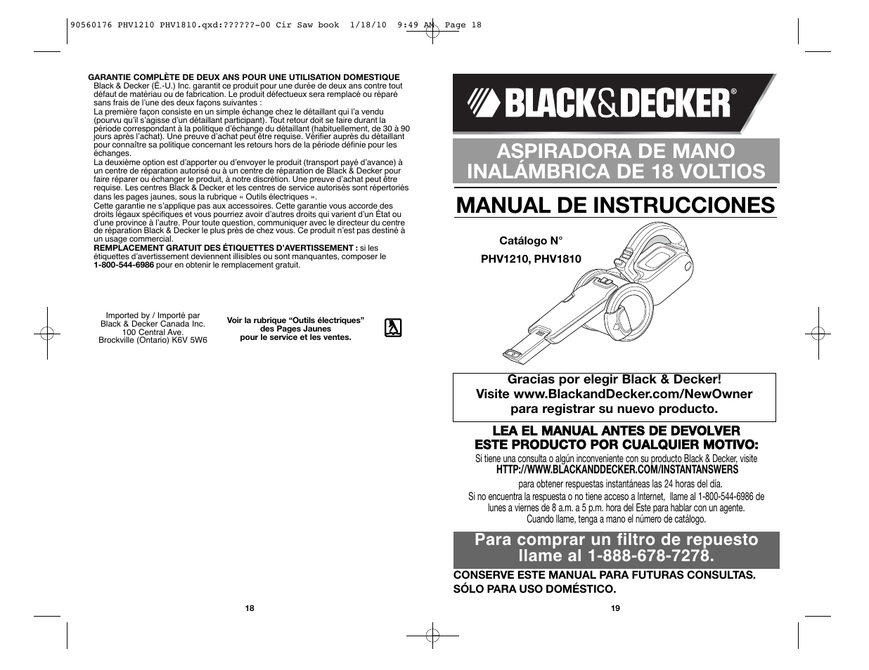 Manual de instrucciones, Aspiradora de mano inalámbrica de 18 voltios | Black & Decker BLACK AND DECKER CORDLESS HAND VAC PHV1810 User Manual | Page 10 / 15