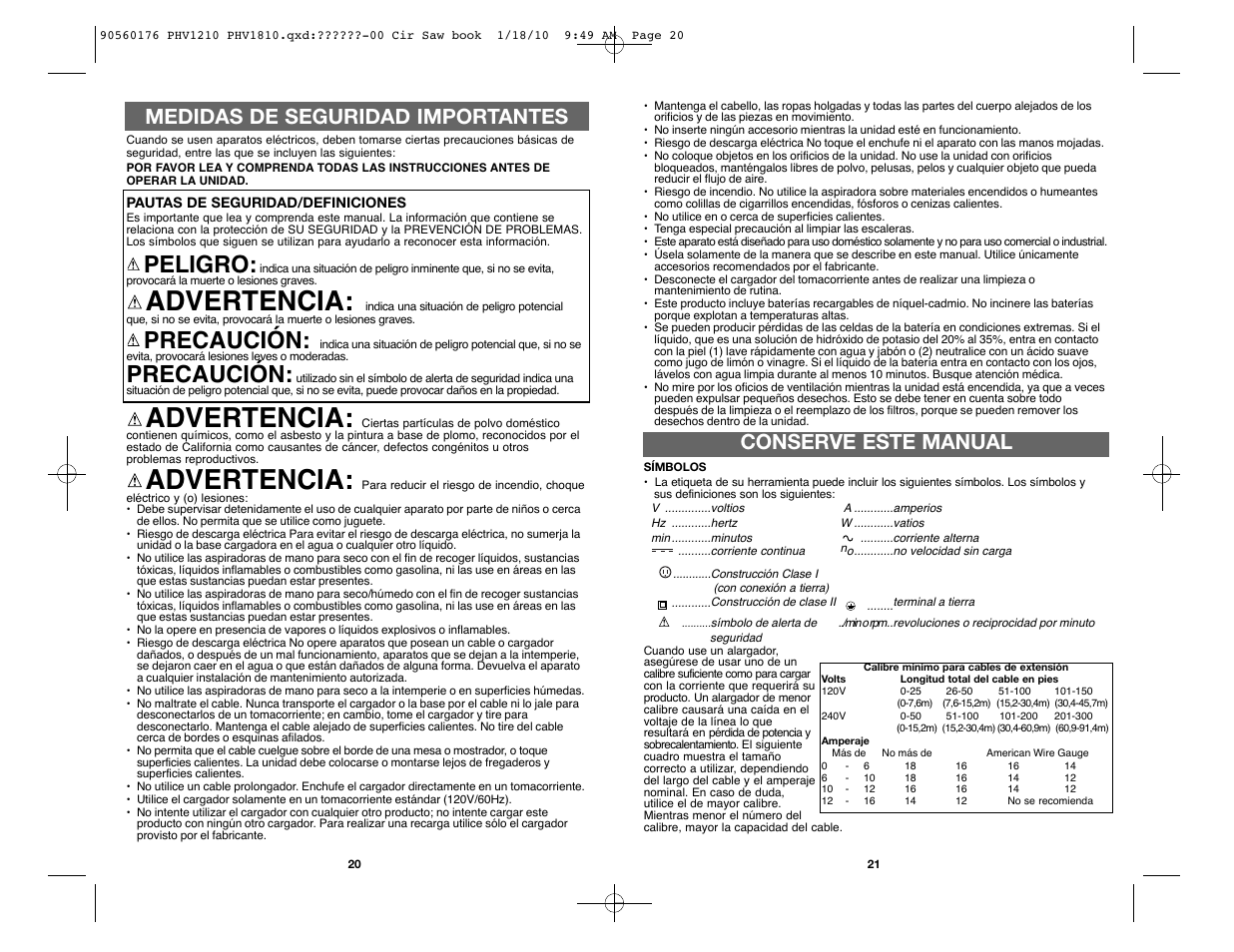 Advertencia, Peligro, Precaución | Medidas de seguridad importantes, Conserve este manual | Black & Decker BLACK AND DECKER CORDLESS HAND VAC PHV1810 User Manual | Page 11 / 15