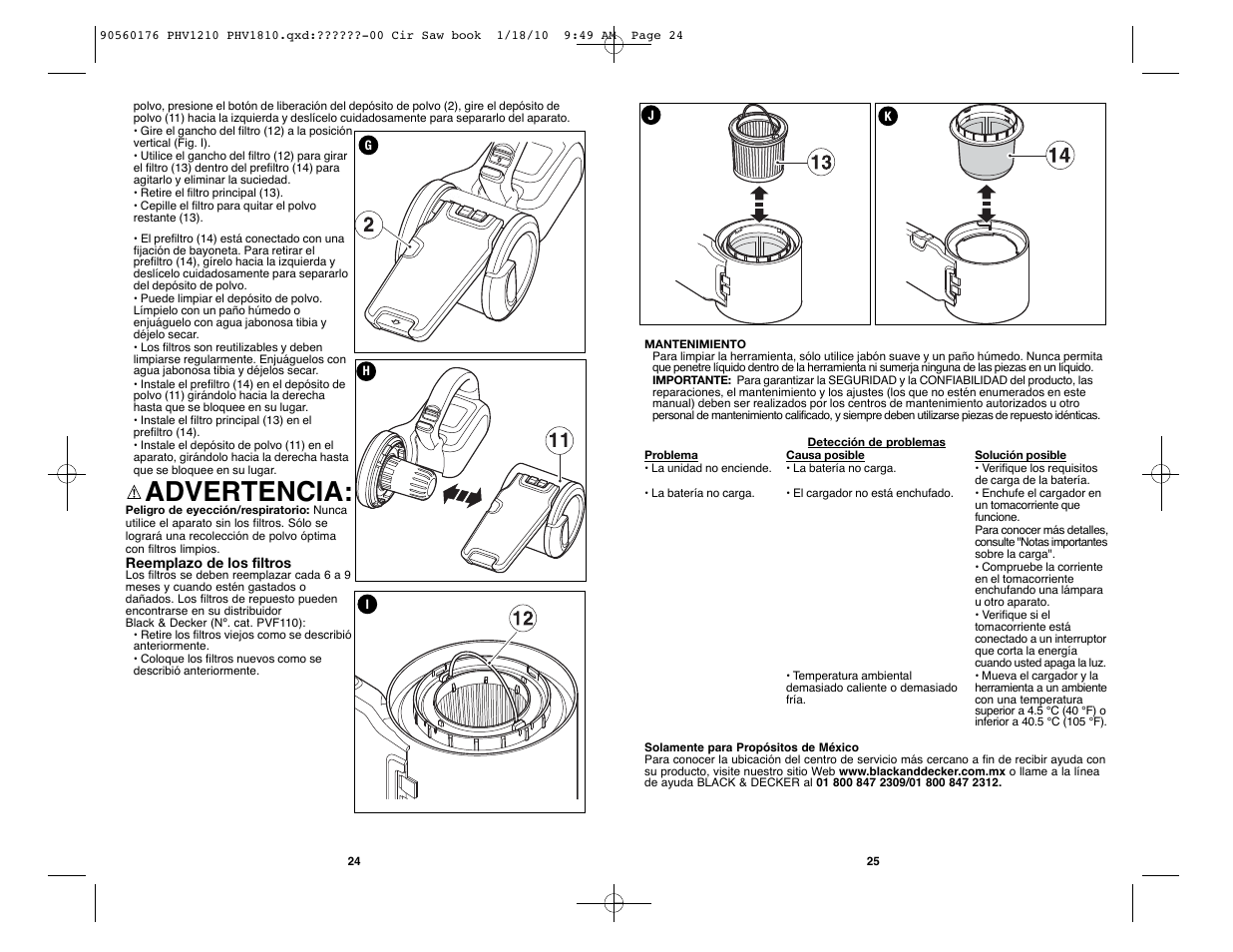 Advertencia | Black & Decker BLACK AND DECKER CORDLESS HAND VAC PHV1810 User Manual | Page 13 / 15