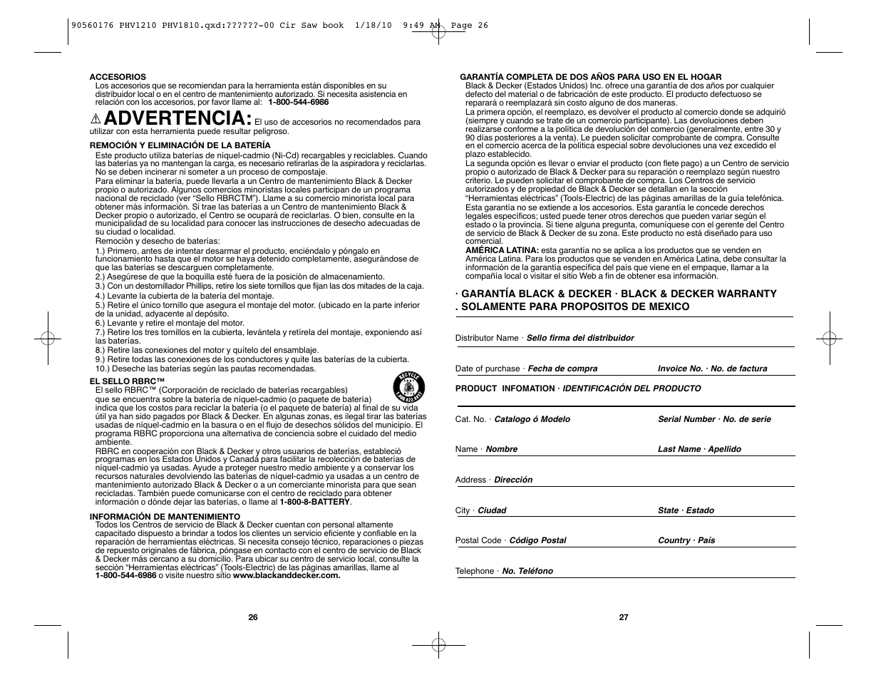 Advertencia | Black & Decker BLACK AND DECKER CORDLESS HAND VAC PHV1810 User Manual | Page 14 / 15