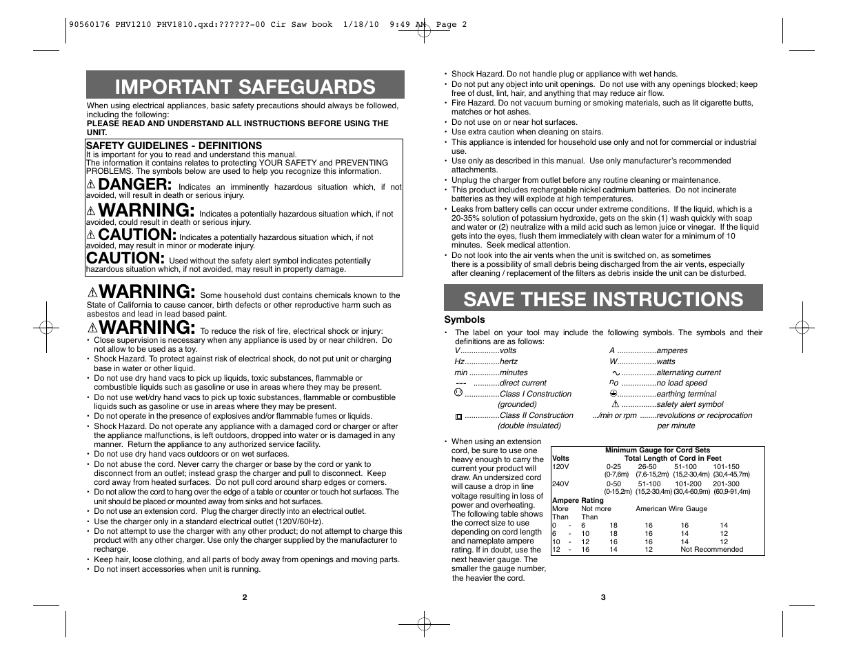 Important safeguards, Save these instructions, Warning | Danger, Caution | Black & Decker BLACK AND DECKER CORDLESS HAND VAC PHV1810 User Manual | Page 2 / 15