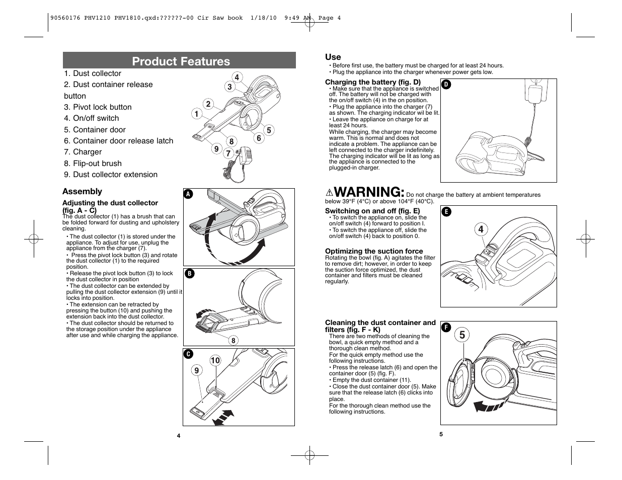 Warning, Product features | Black & Decker BLACK AND DECKER CORDLESS HAND VAC PHV1810 User Manual | Page 3 / 15