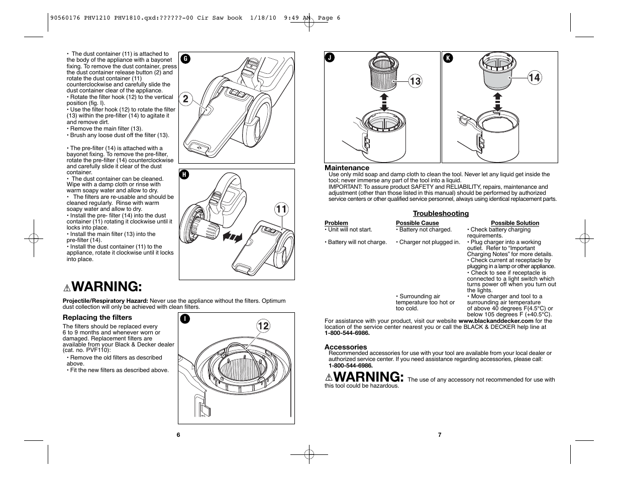 Warning | Black & Decker BLACK AND DECKER CORDLESS HAND VAC PHV1810 User Manual | Page 4 / 15