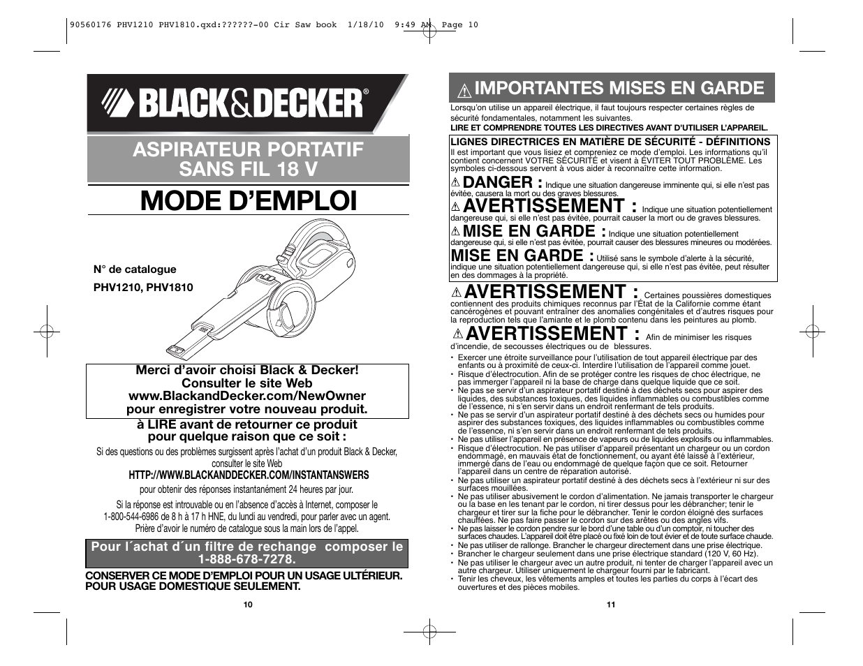 Mode d’emploi, Aspirateur portatif sans fil 18 v, Avertissement | Importantes mises en garde, Danger, Mise en garde | Black & Decker BLACK AND DECKER CORDLESS HAND VAC PHV1810 User Manual | Page 6 / 15