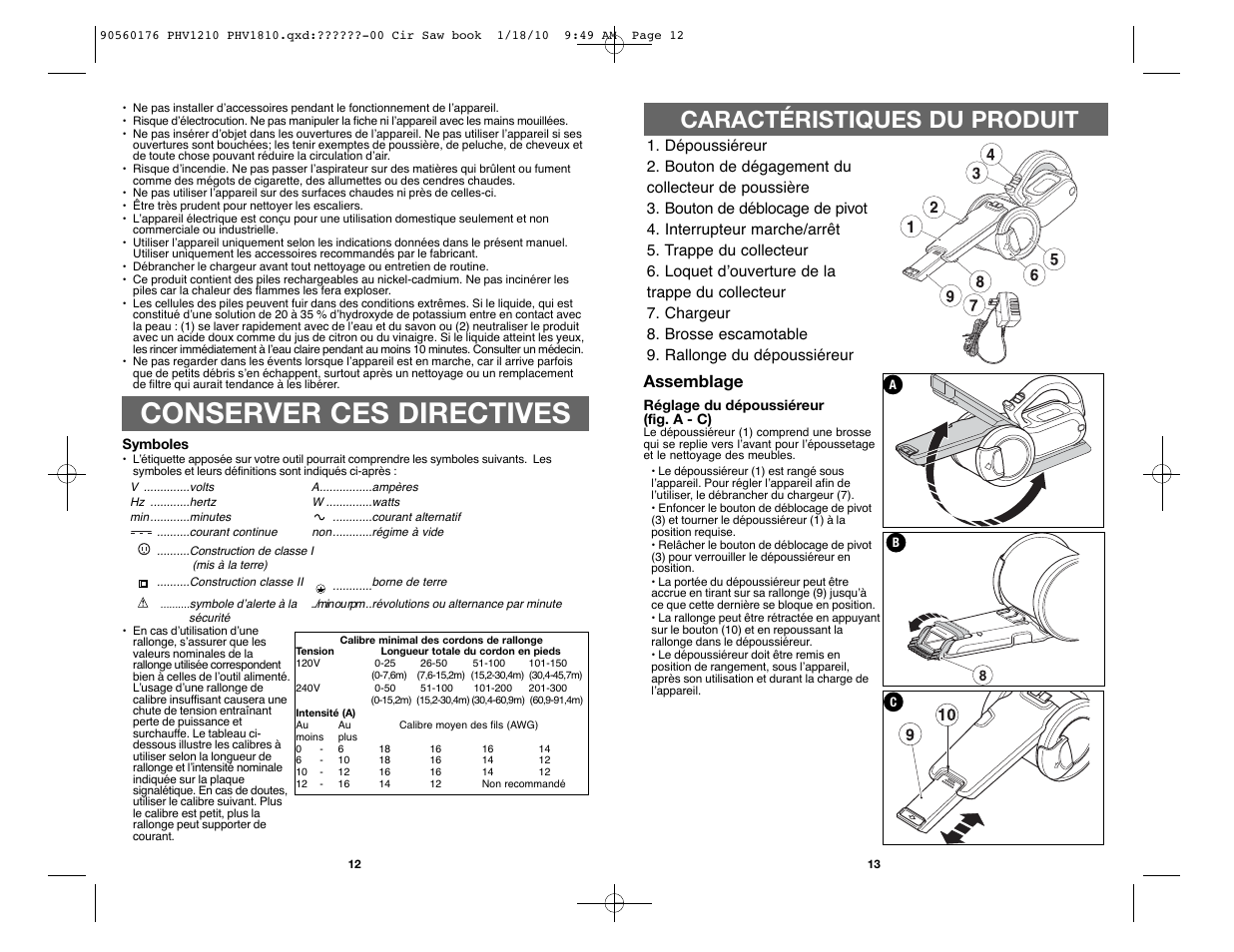 Conserver ces directives, Caractéristiques du produit, Assemblage | Black & Decker BLACK AND DECKER CORDLESS HAND VAC PHV1810 User Manual | Page 7 / 15