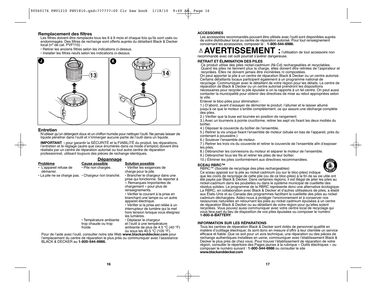 Avertissement | Black & Decker BLACK AND DECKER CORDLESS HAND VAC PHV1810 User Manual | Page 9 / 15