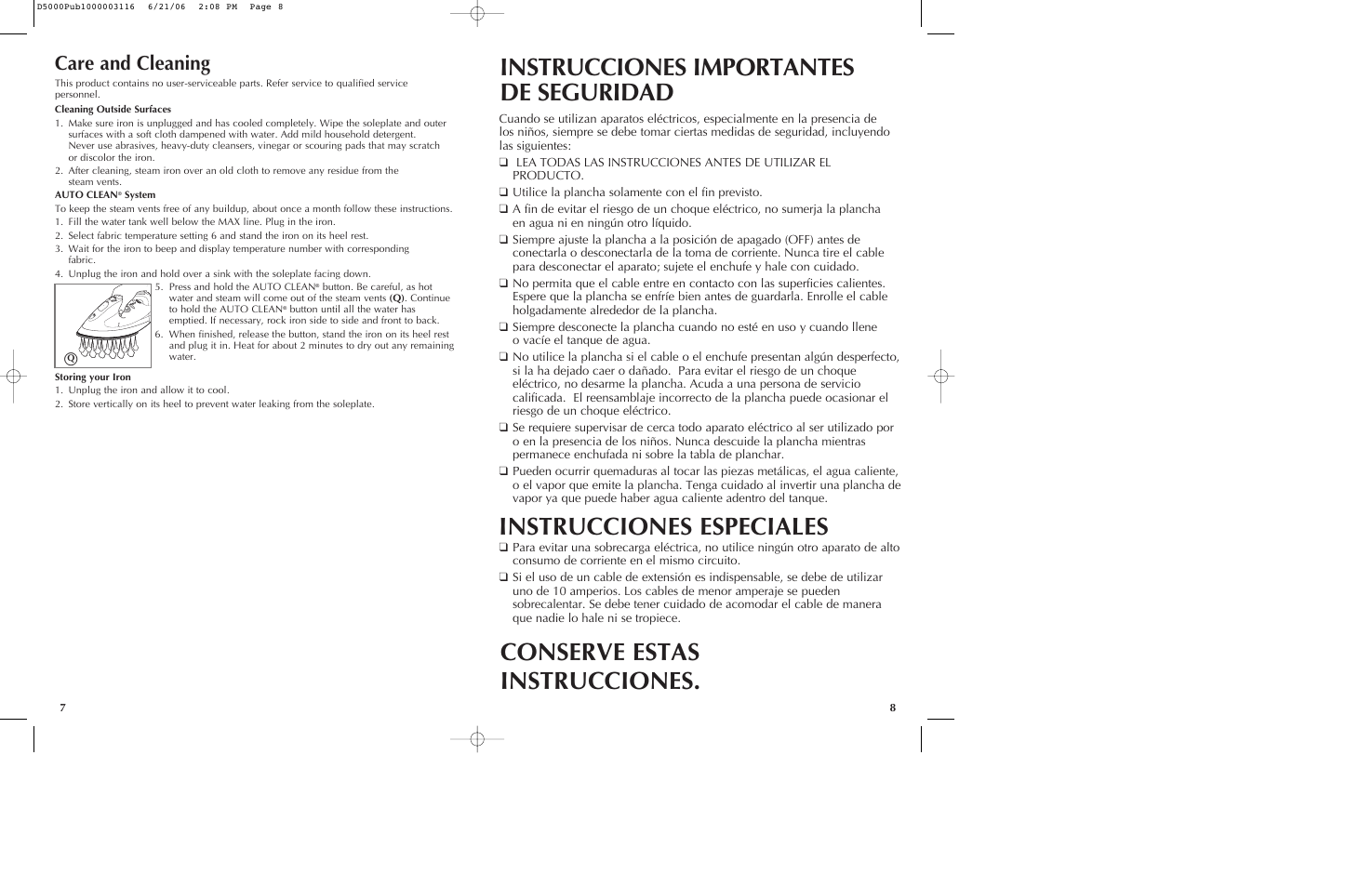 Instrucciones importantes de seguridad, Instrucciones especiales, Conserve estas instrucciones | Care and cleaning | Black & Decker D5500 User Manual | Page 5 / 15