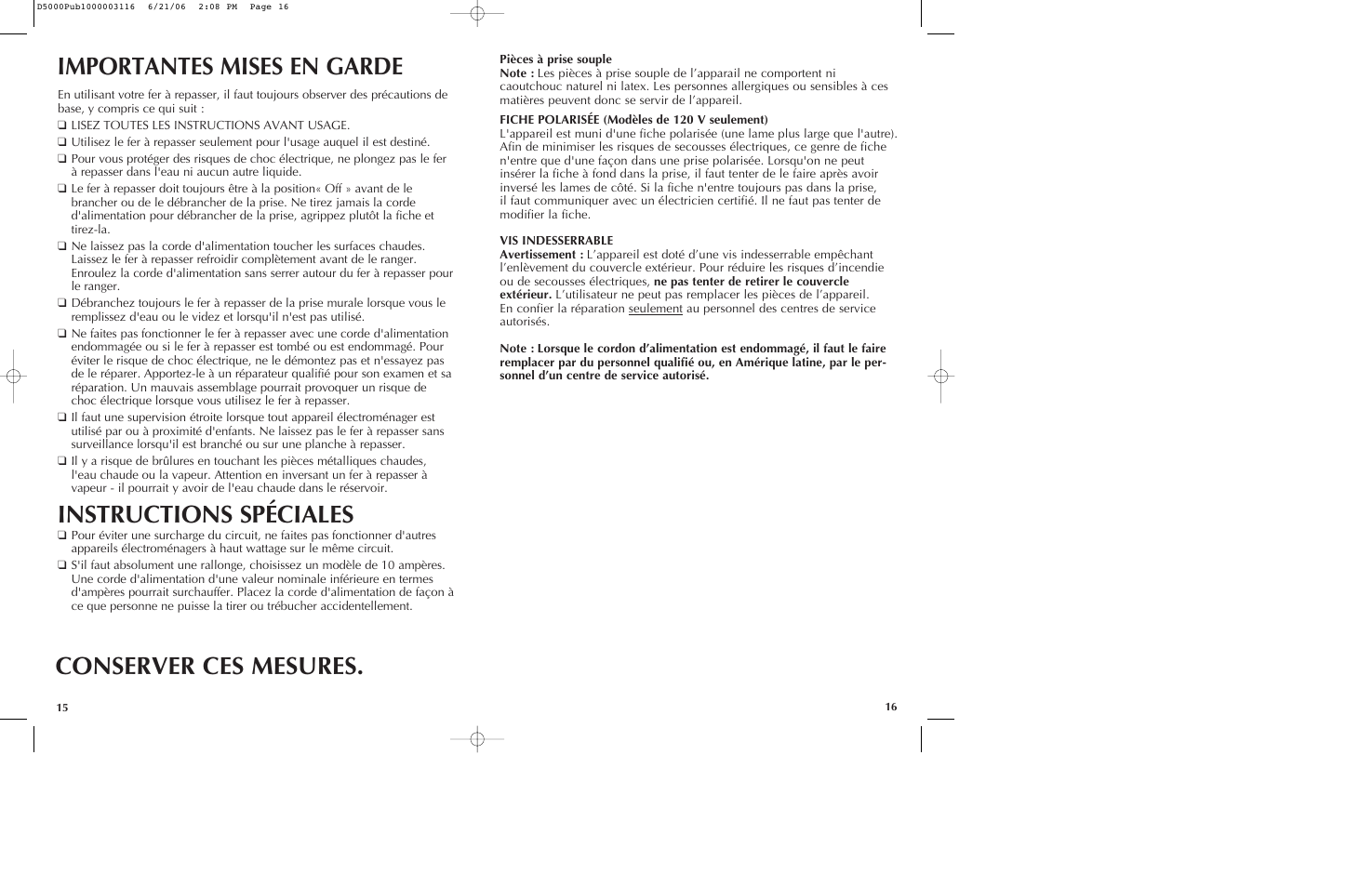 Instructions spéciales, Importantes mises en garde conserver ces mesures | Black & Decker D5500 User Manual | Page 9 / 15