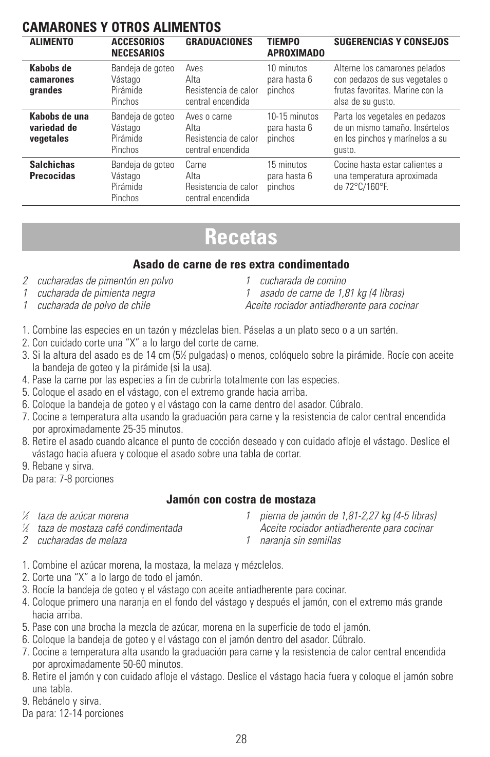 Recetas, Camarones y otros alimentos, 28 asado de carne de res extra condimentado | Jamón con costra de mostaza | Black & Decker SMARTROTISSERIE RTS600 User Manual | Page 29 / 52