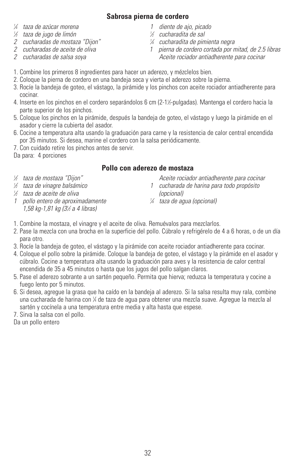 32 sabrosa pierna de cordero, Pollo con aderezo de mostaza | Black & Decker SMARTROTISSERIE RTS600 User Manual | Page 33 / 52