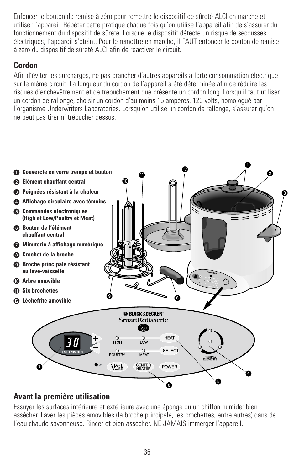 Cordon, Avant la première utilisation | Black & Decker SMARTROTISSERIE RTS600 User Manual | Page 37 / 52