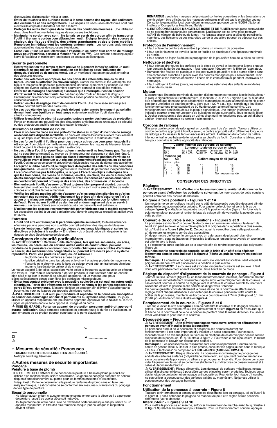 Consignes de sécurité particulières, Mesures de sécurité : ponceuses, Autres mesures de sécurité importantes | Black & Decker DS321 User Manual | Page 3 / 5
