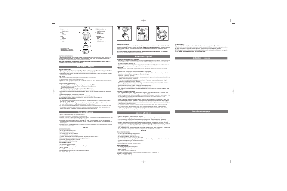 How to use – english care and cleaning, Ab c, Como usar - español | Cuidado y limpieza, Utilisation - français, Entretien et nettoyage | Black & Decker BLD100 User Manual | Page 2 / 2