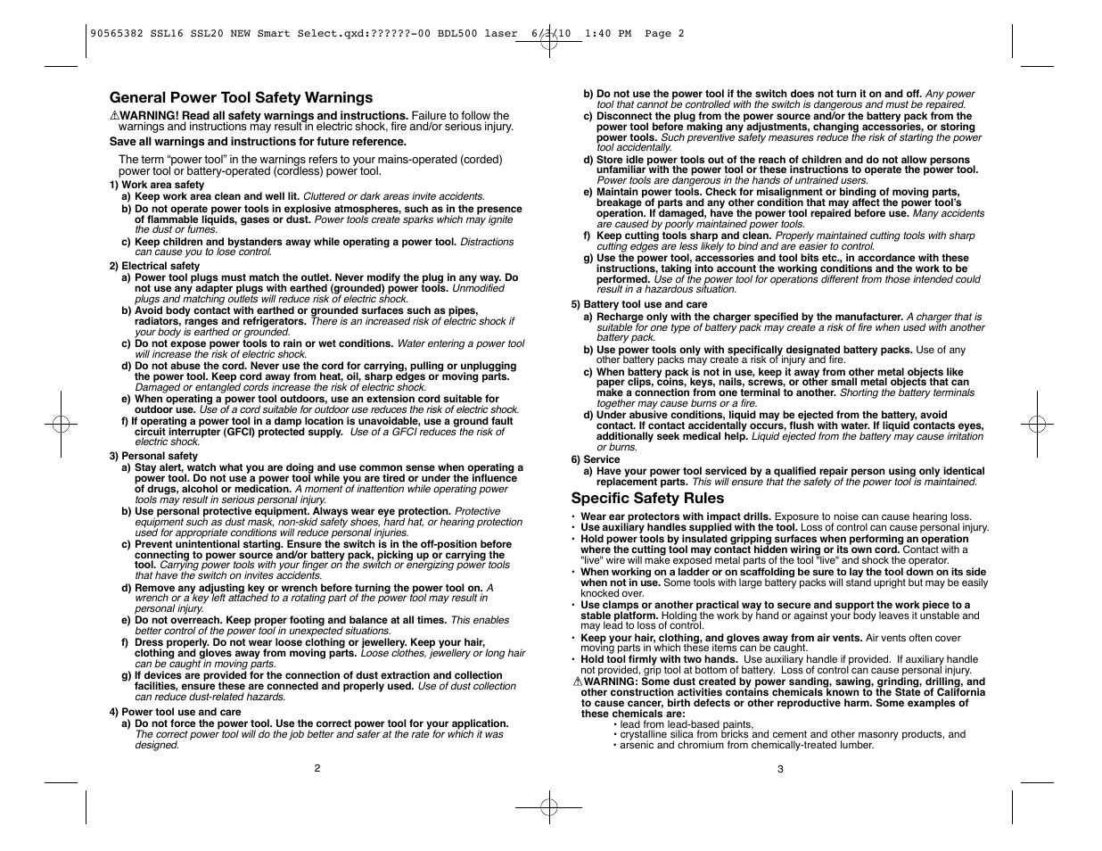 General power tool safety warnings, Specific safety rules | Black & Decker SSL20 User Manual | Page 2 / 21