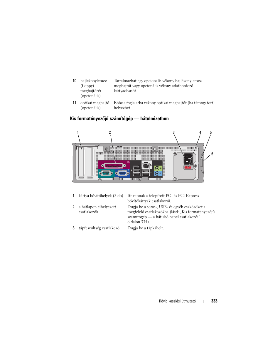 Kis formatényezõjû számítógép - hátulnézetben, Kis formatényezőjű számítógép — hátulnézetben | Dell OptiPlex 740 User Manual | Page 333 / 532