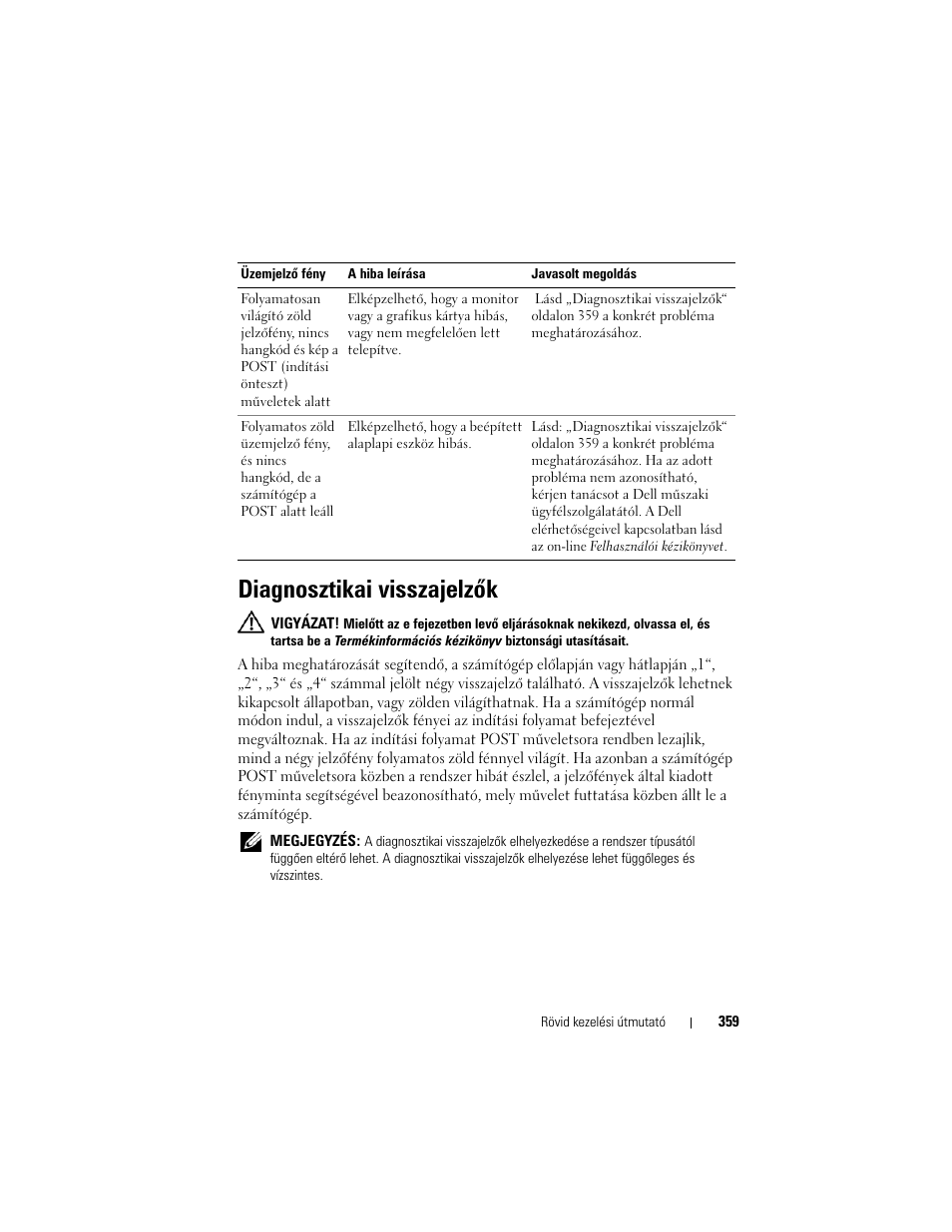 Diagnosztikai visszajelzõk, Diagnosztikai visszajelzők | Dell OptiPlex 740 User Manual | Page 359 / 532