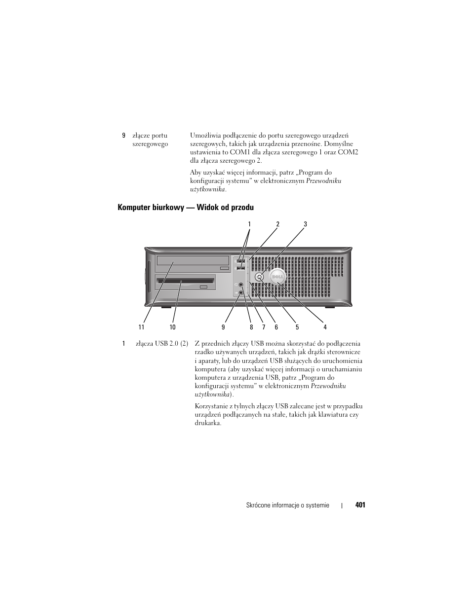 Komputer biurkowy - widok od przodu, Komputer biurkowy — widok od przodu | Dell OptiPlex 740 User Manual | Page 401 / 532