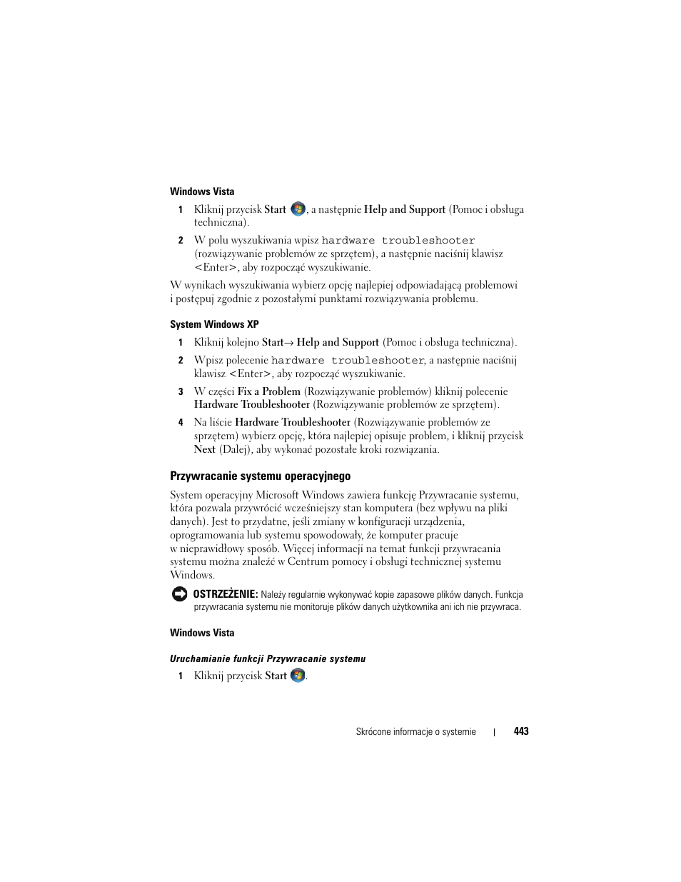 Przywracanie systemu operacyjnego | Dell OptiPlex 740 User Manual | Page 443 / 532