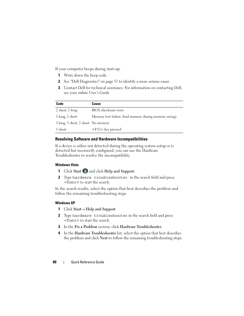 Resolving software and hardware incompatibilities | Dell OptiPlex 740 User Manual | Page 60 / 532