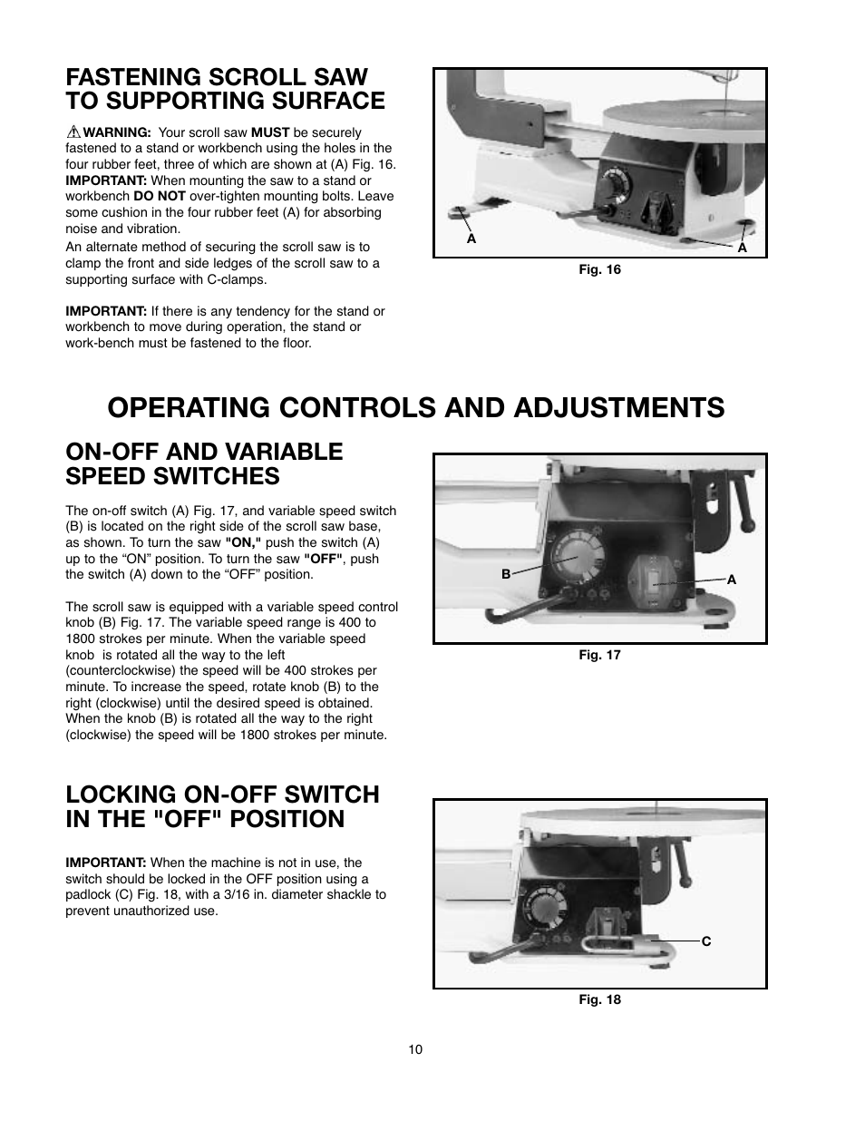 Operating controls and adjustments, Fastening scroll saw to supporting surface, On-off and variable speed switches | Locking on-off switch in the "off" position | Black & Decker 90527840 User Manual | Page 10 / 39