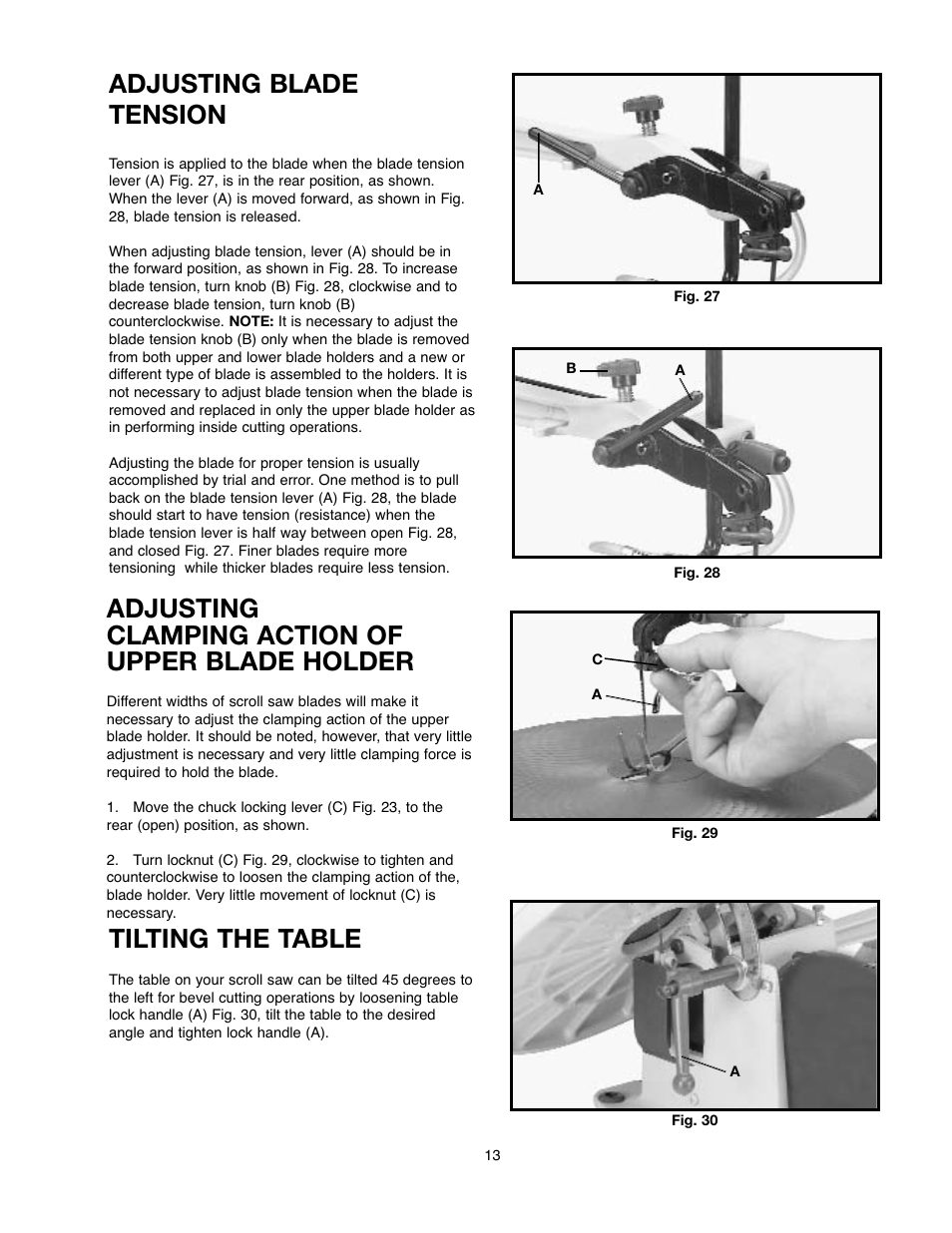 Adjusting blade tension, Adjusting clamping action of upper blade holder, Tilting the table | Black & Decker 90527840 User Manual | Page 13 / 39