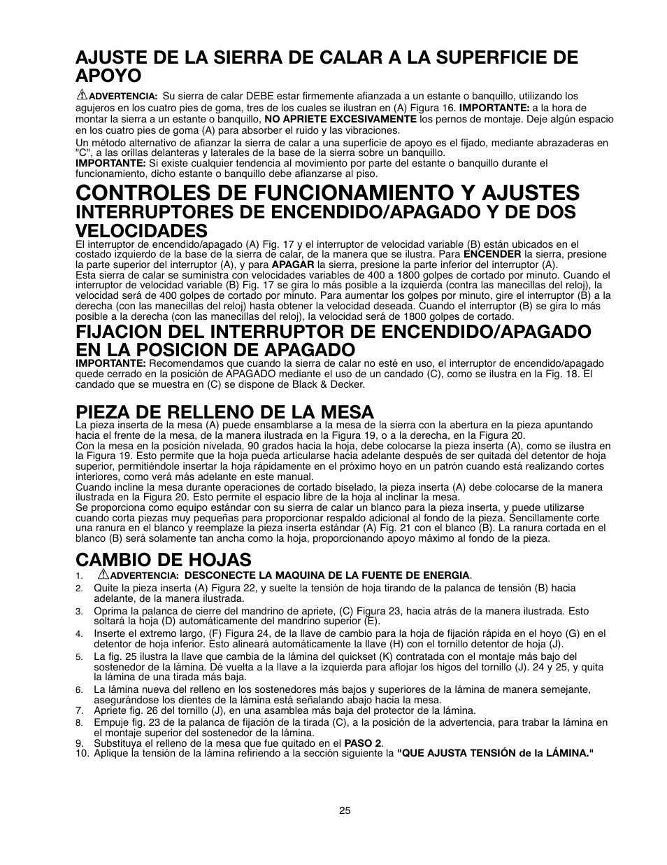 Controles de funcionamiento y ajustes, Pieza de relleno de la mesa, Cambio de hojas | Black & Decker 90527840 User Manual | Page 25 / 39