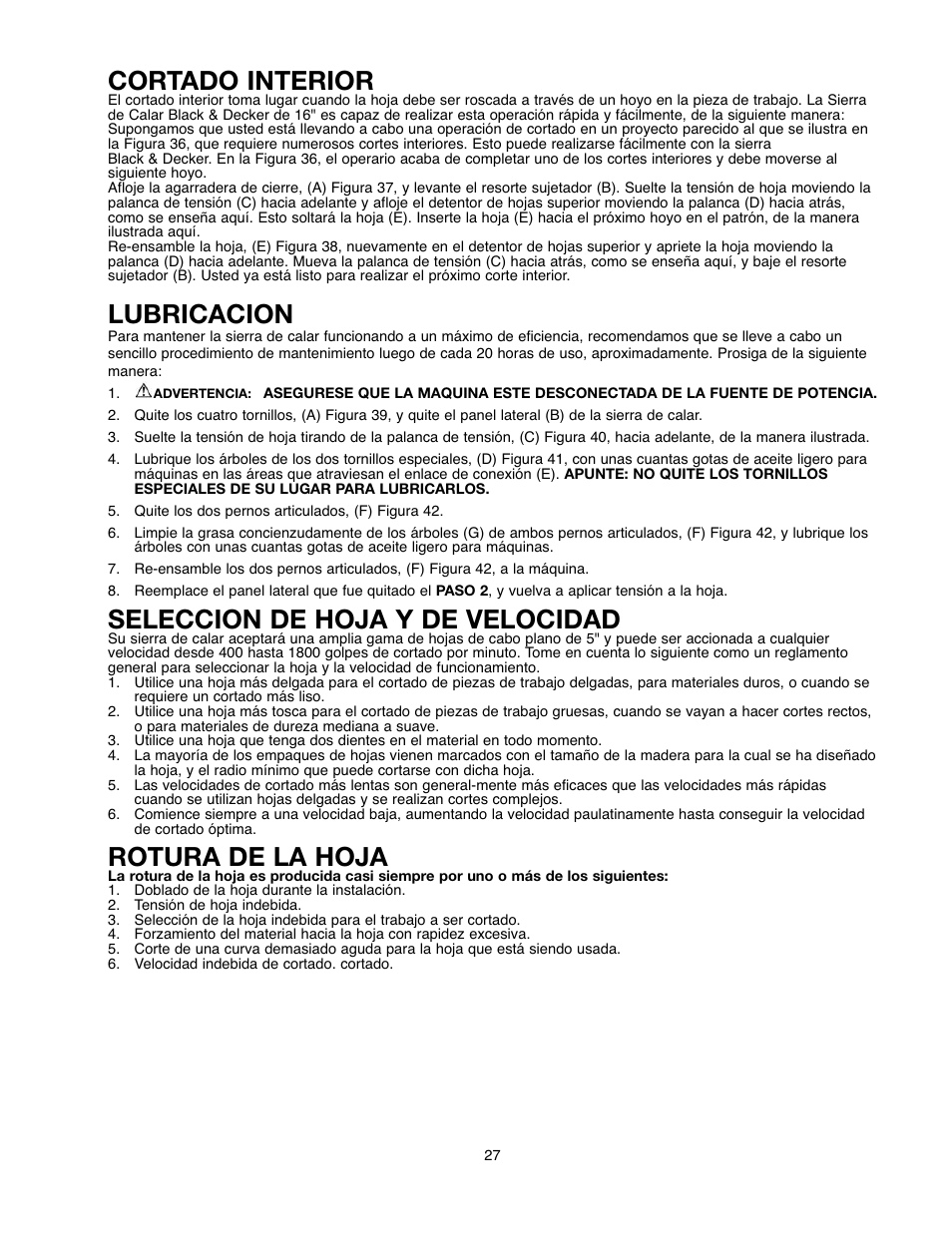 Cortado interior, Lubricacion, Seleccion de hoja y de velocidad | Rotura de la hoja | Black & Decker 90527840 User Manual | Page 27 / 39