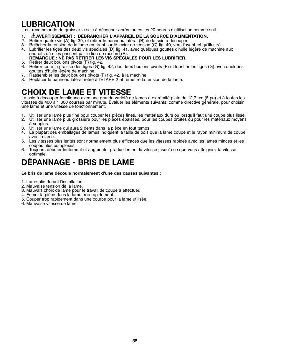 Lubrication, Choix de lame et vitesse, Dépannage - bris de lame | Black & Decker 90527840 User Manual | Page 38 / 39