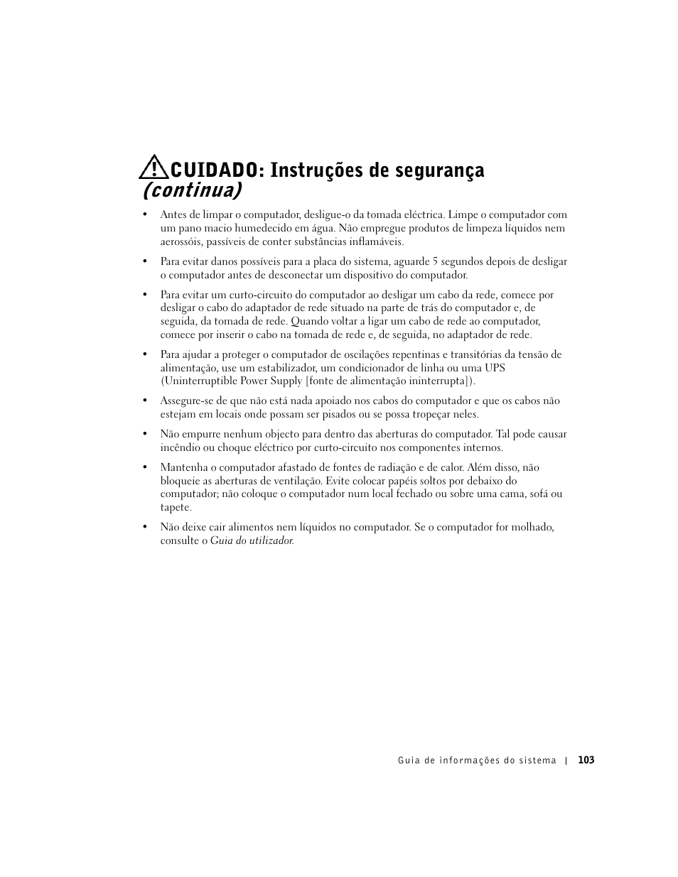 Cuidado: instruções de segurança (continua) | Dell Precision 340 User Manual | Page 104 / 172