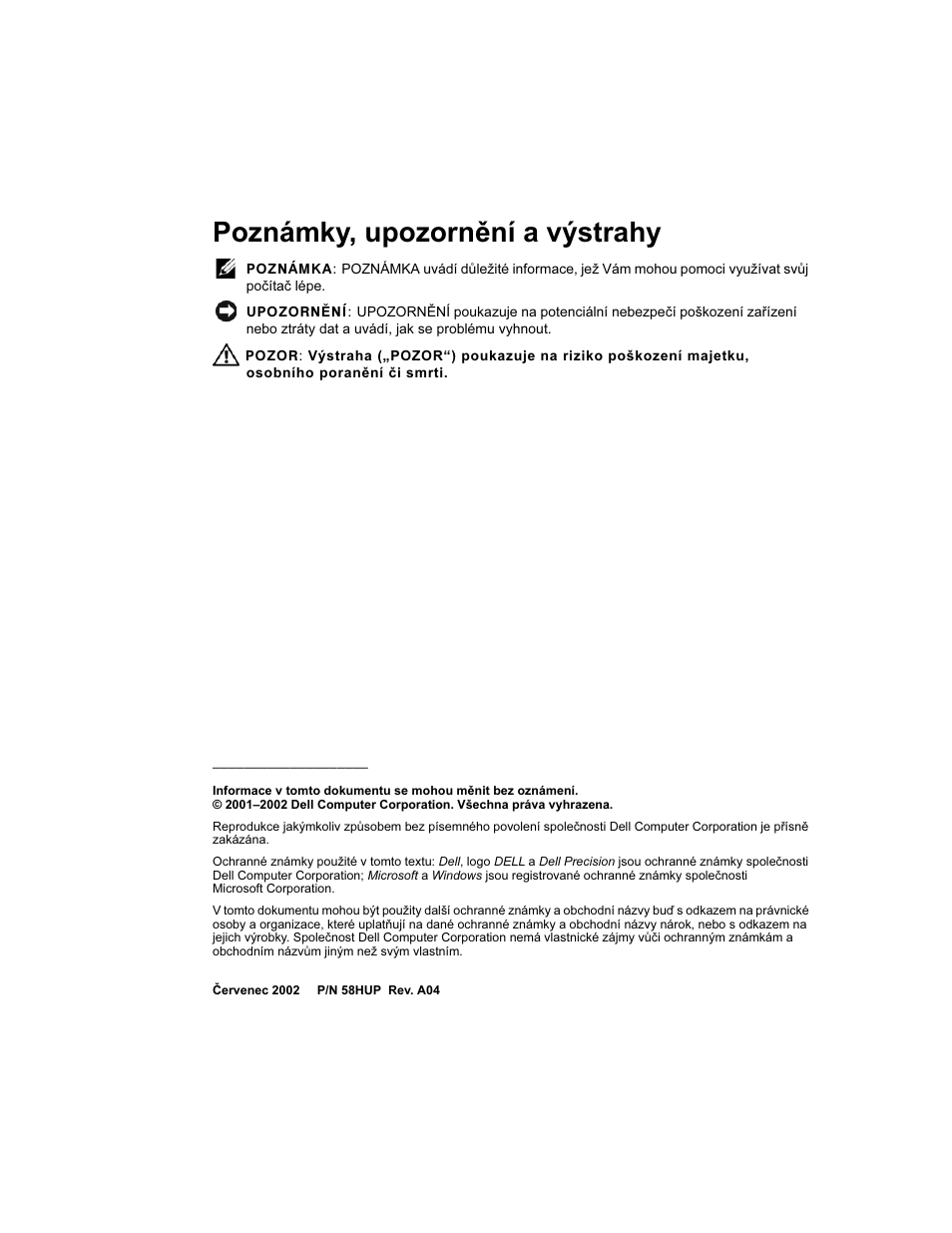 Poznámky, upozornění a výstrahy | Dell Precision 340 User Manual | Page 15 / 172