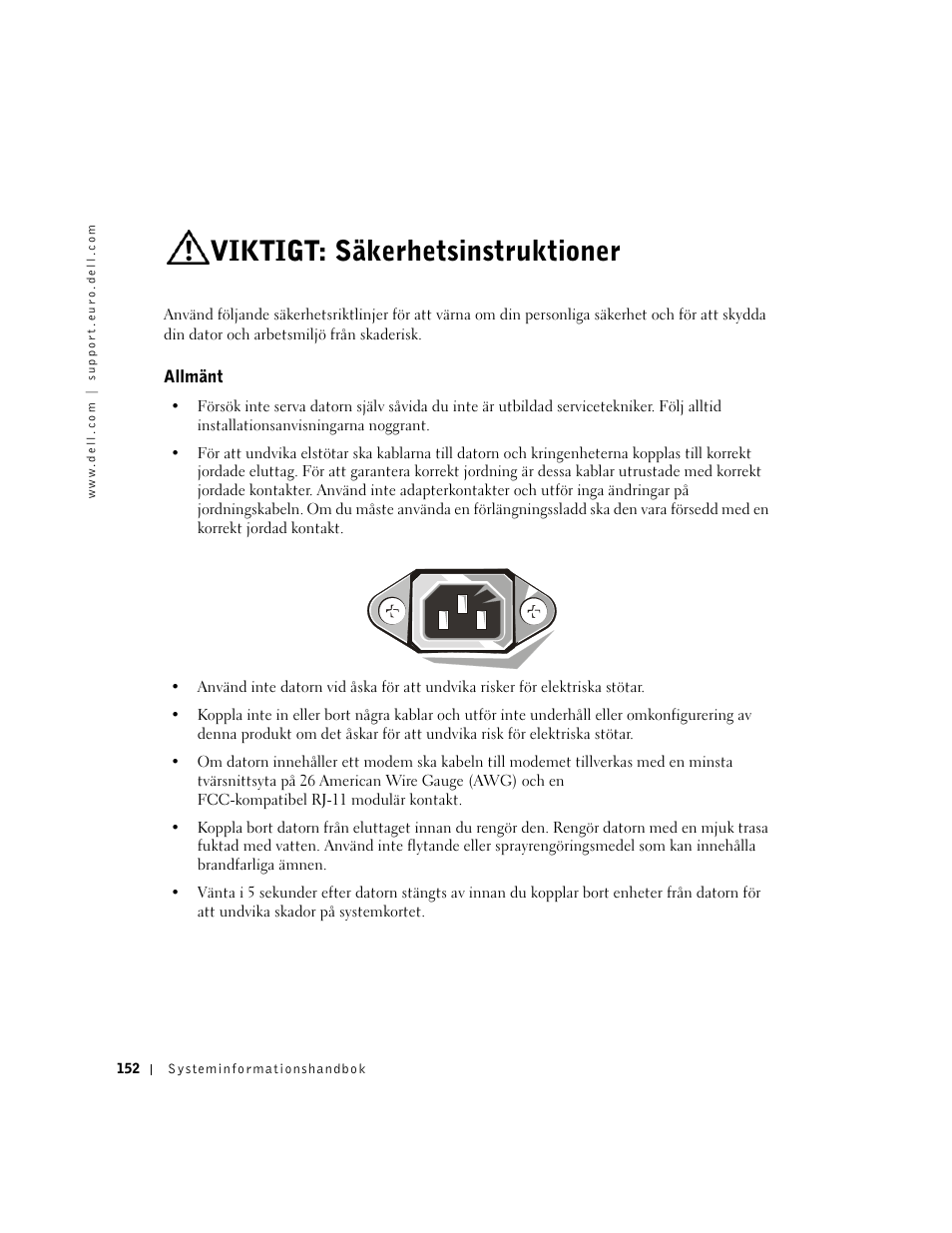 Viktigt: säkerhetsinstruktioner, Allmänt | Dell Precision 340 User Manual | Page 153 / 172