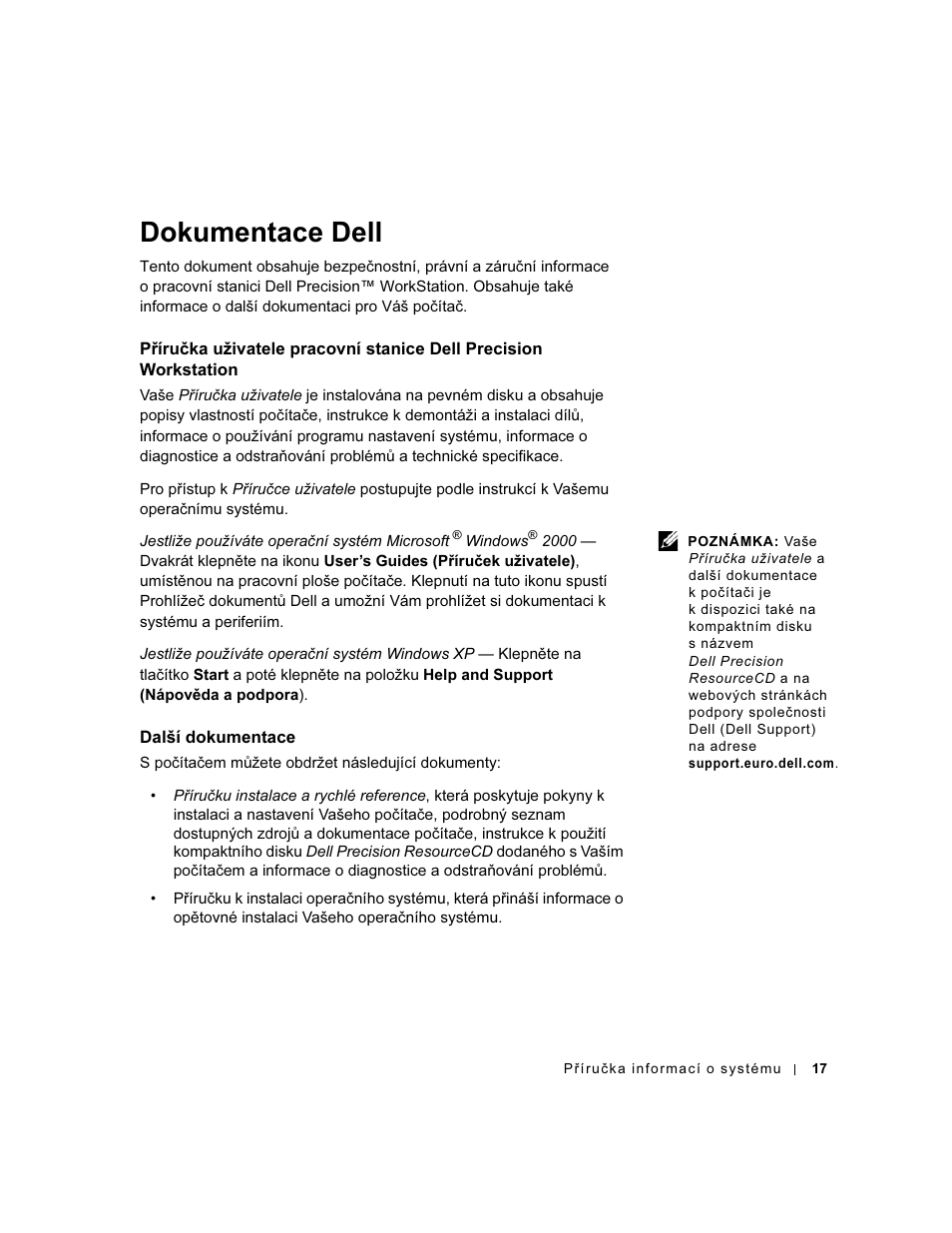Dokumentace dell, Další dokumentace | Dell Precision 340 User Manual | Page 18 / 172