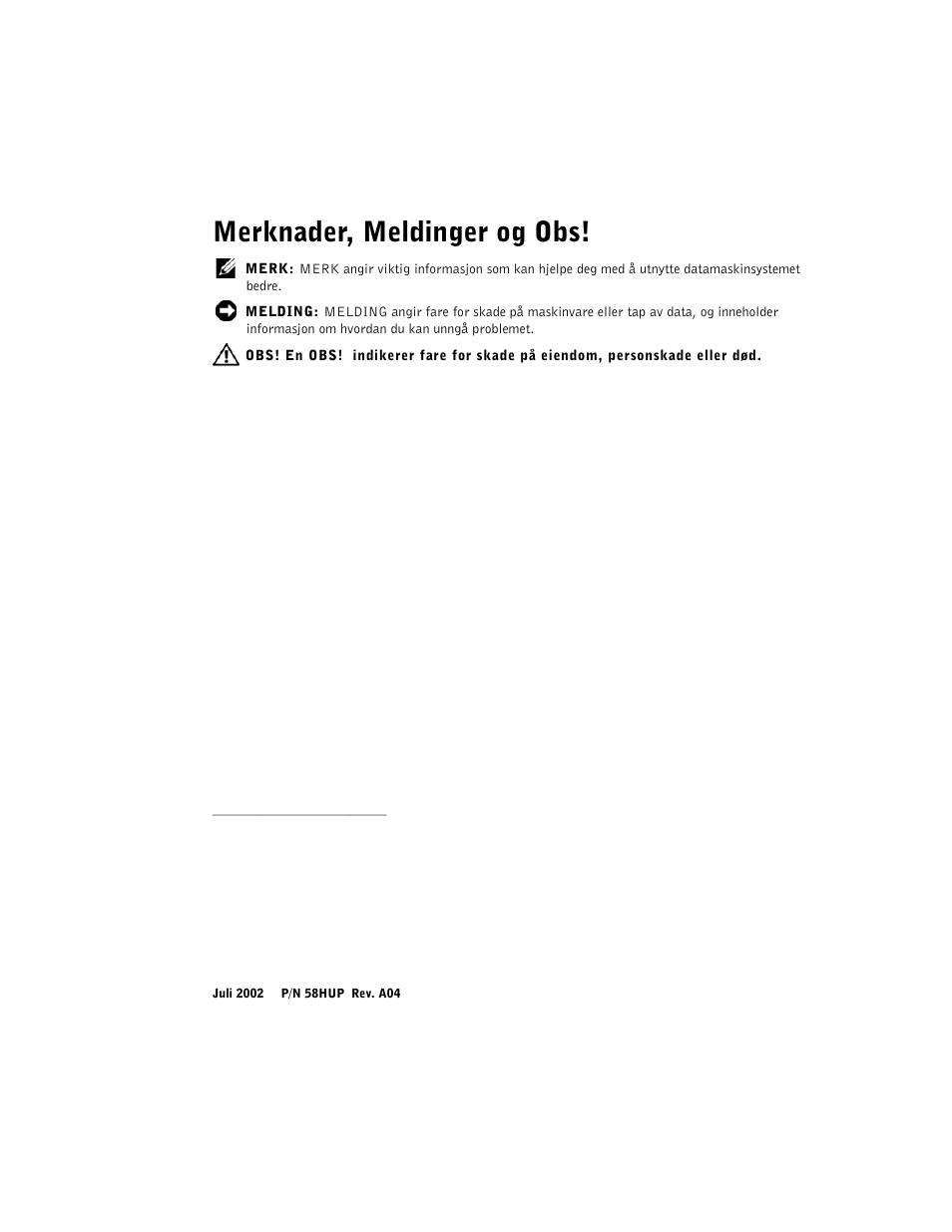 Merknader, meldinger og obs | Dell Precision 340 User Manual | Page 75 / 172