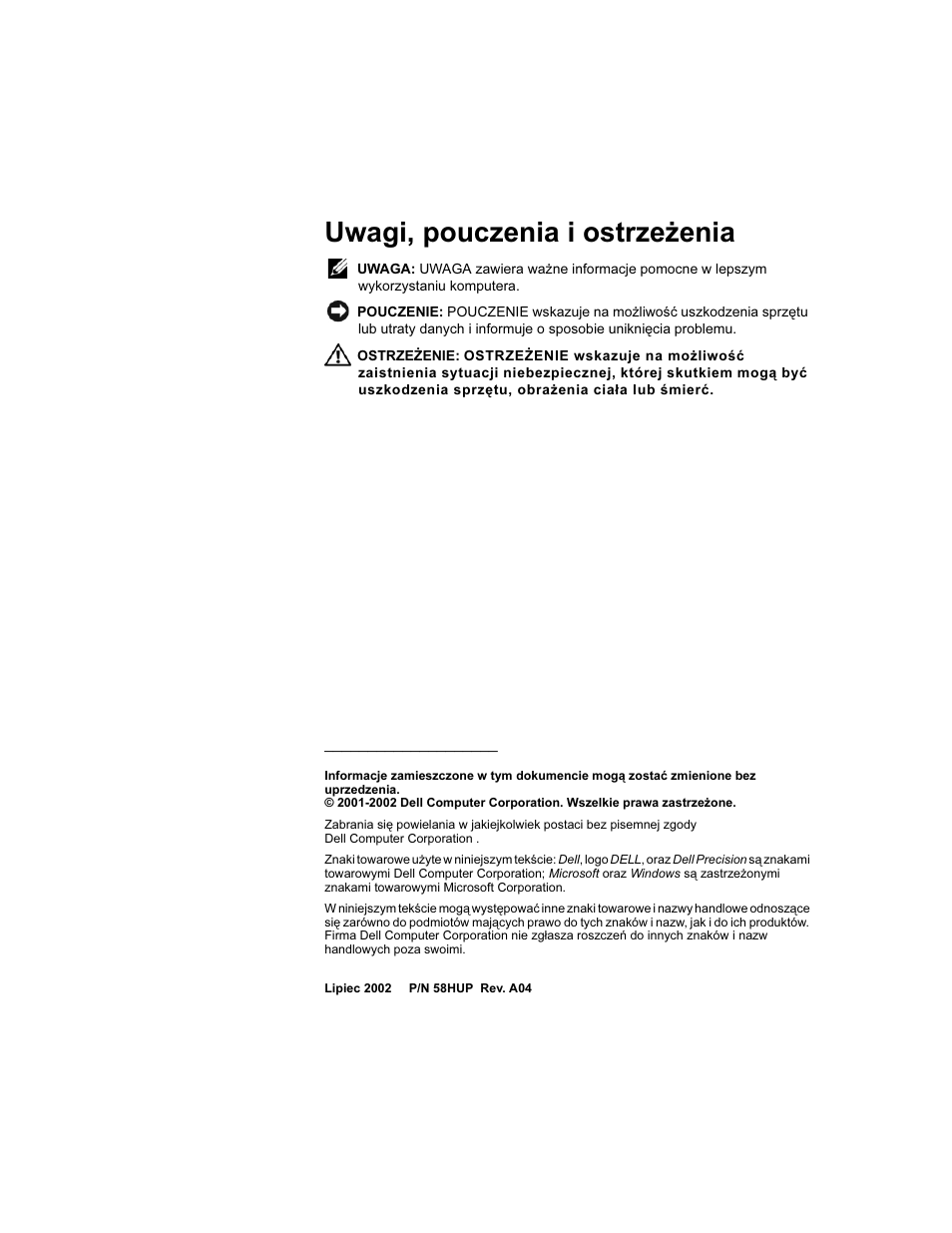 Uwagi, pouczenia i ostrzeżenia | Dell Precision 340 User Manual | Page 87 / 172