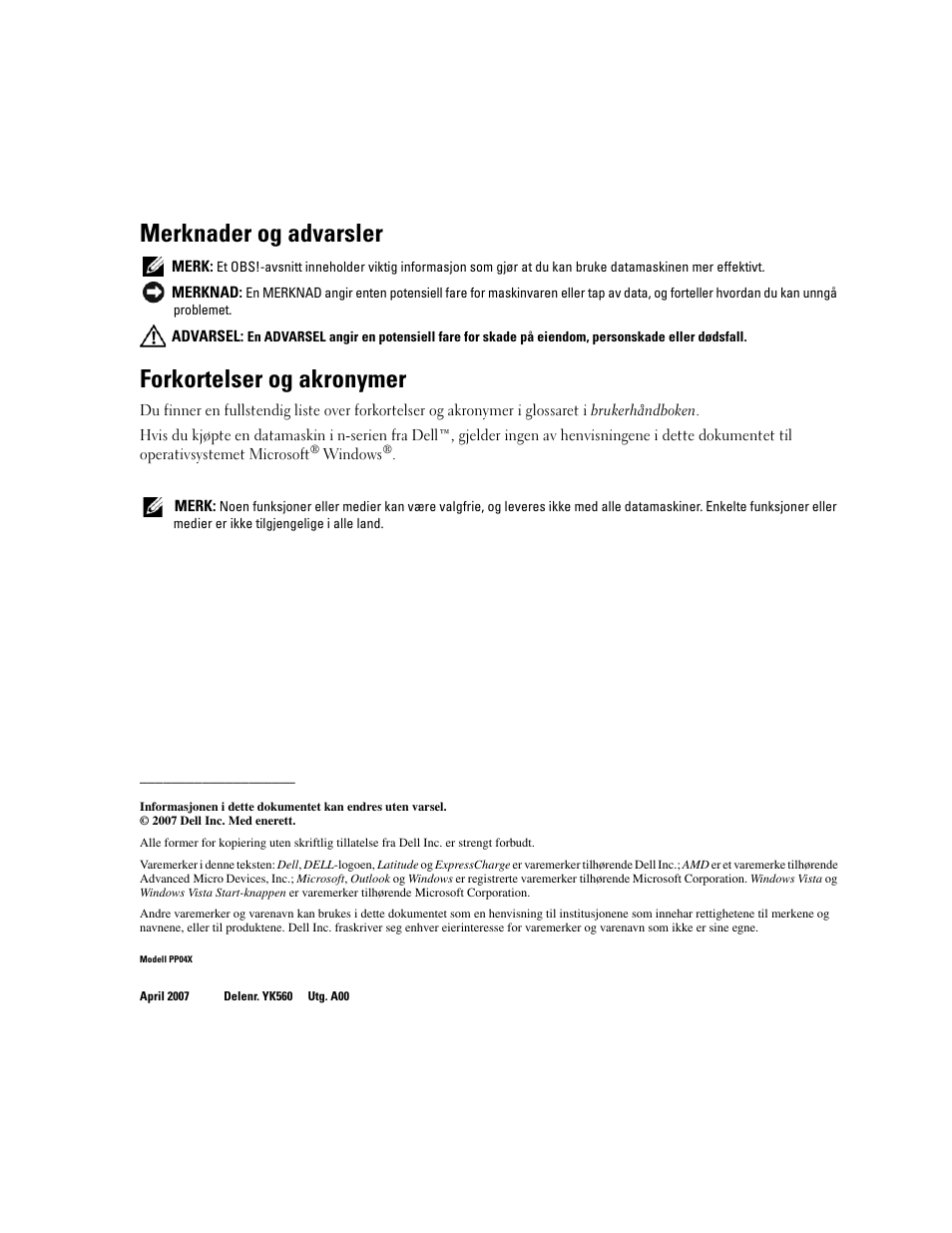 Merknader og advarsler, Forkortelser og akronymer | Dell Latitude D531 (Mid 2007) User Manual | Page 114 / 224