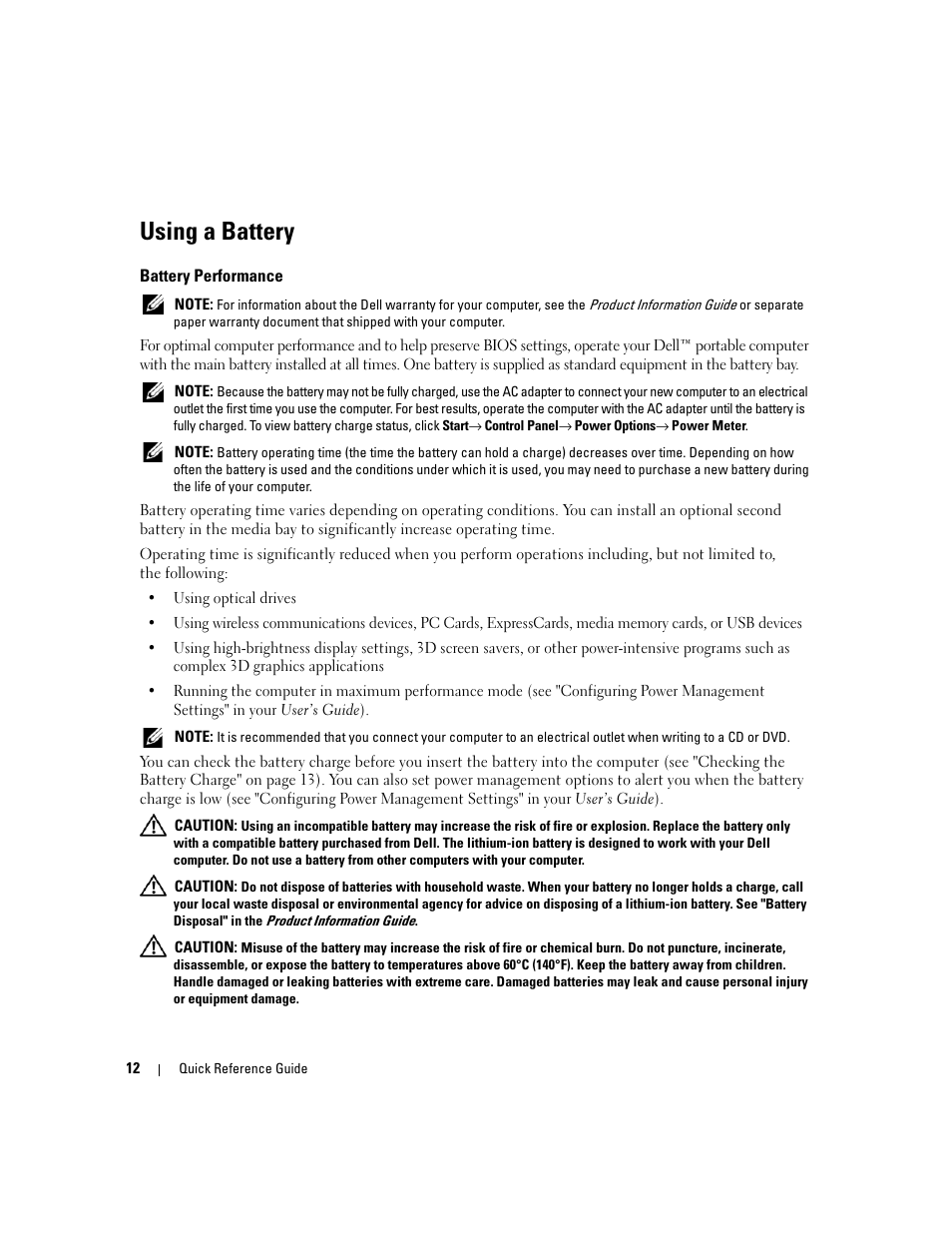 Using a battery, Battery performance | Dell Latitude D531 (Mid 2007) User Manual | Page 12 / 224