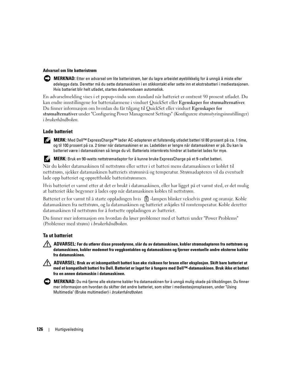 Lade batteriet, Ta ut batteriet | Dell Latitude D531 (Mid 2007) User Manual | Page 126 / 224