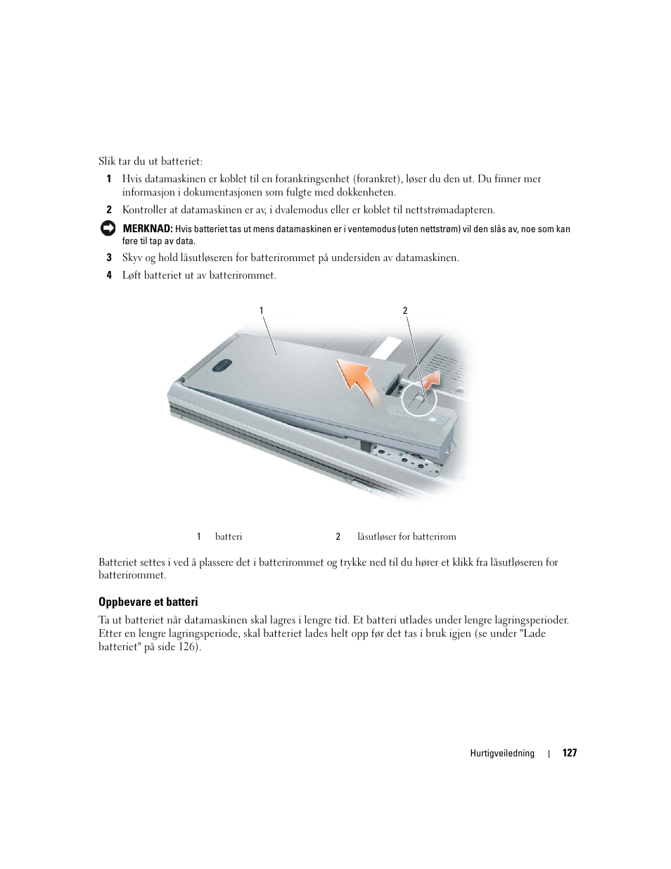 Oppbevare et batteri | Dell Latitude D531 (Mid 2007) User Manual | Page 127 / 224