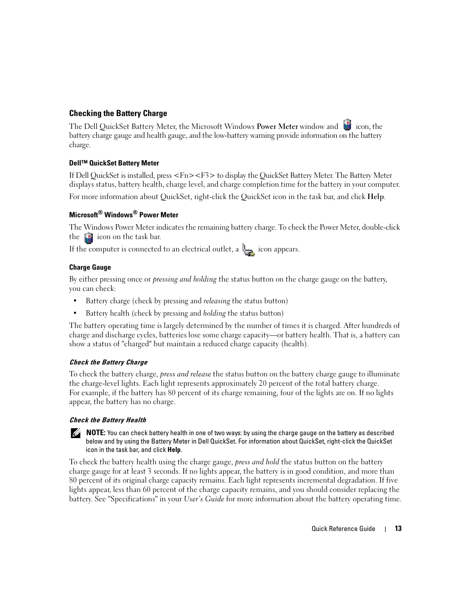 Checking the battery charge | Dell Latitude D531 (Mid 2007) User Manual | Page 13 / 224