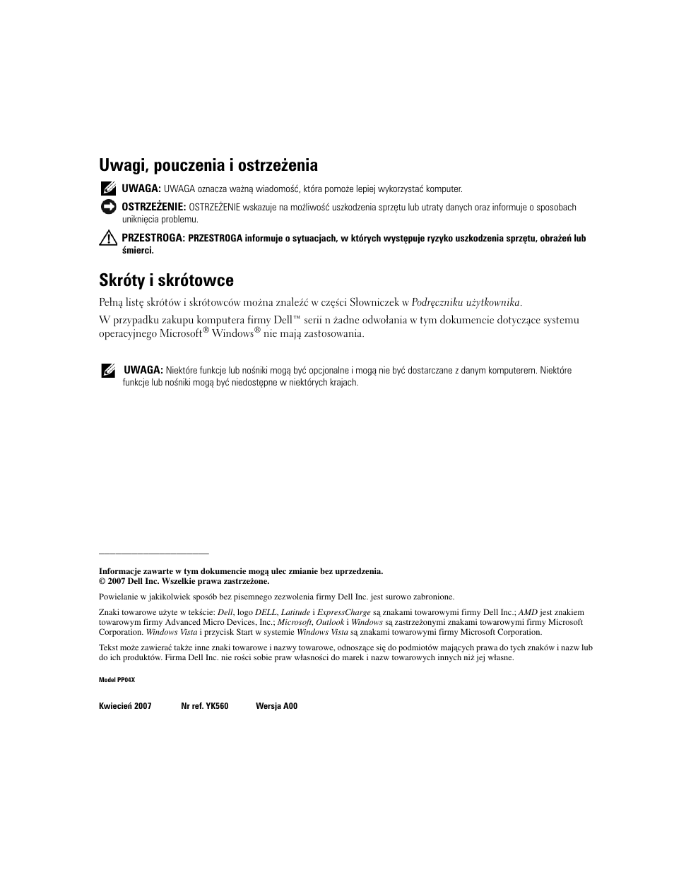 Uwagi, pouczenia i ostrzeżenia, Skróty i skrótowce | Dell Latitude D531 (Mid 2007) User Manual | Page 136 / 224