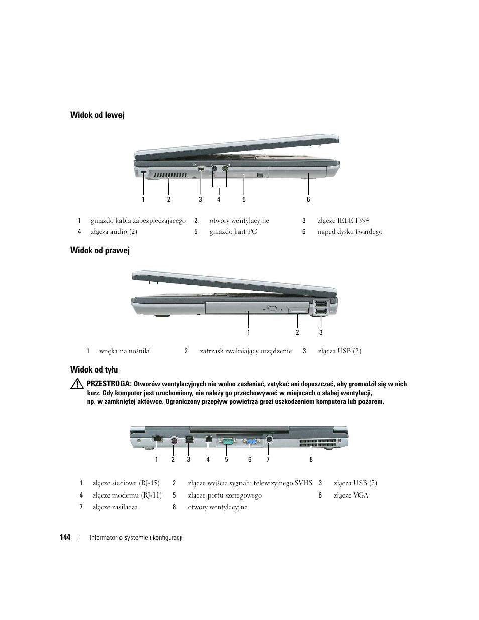 Widok od lewej, Widok od prawej, Widok od tyłu | Dell Latitude D531 (Mid 2007) User Manual | Page 144 / 224