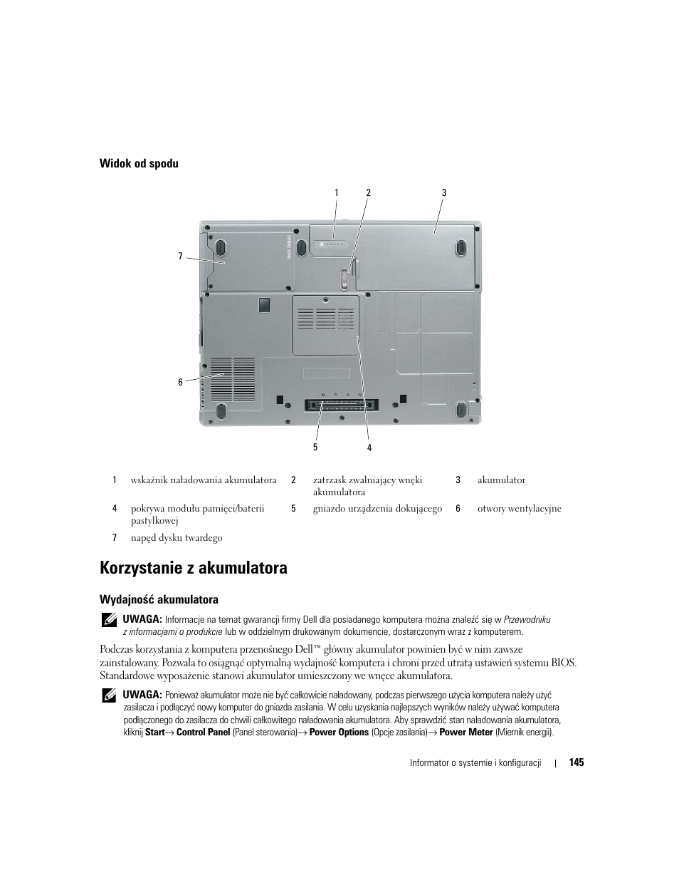 Widok od spodu, Korzystanie z akumulatora, Wydajność akumulatora | Dell Latitude D531 (Mid 2007) User Manual | Page 145 / 224